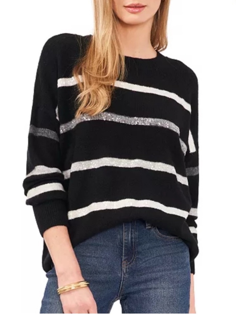 Vince Camuto Black Sweater with White and Silver Stripes
